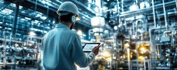 Obraz High-tech industrial setting with a factory worker monitoring systems through a tablet, illuminated by futuristic lighting and machinery