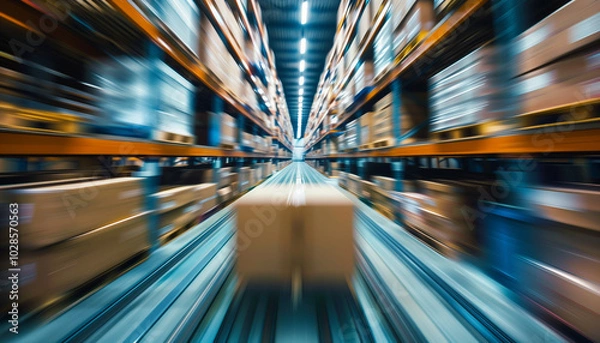 Obraz Vue dynamique et conceptuelle de l'intérieur d'un entrepot logistique ou d'une plateforme de stockage