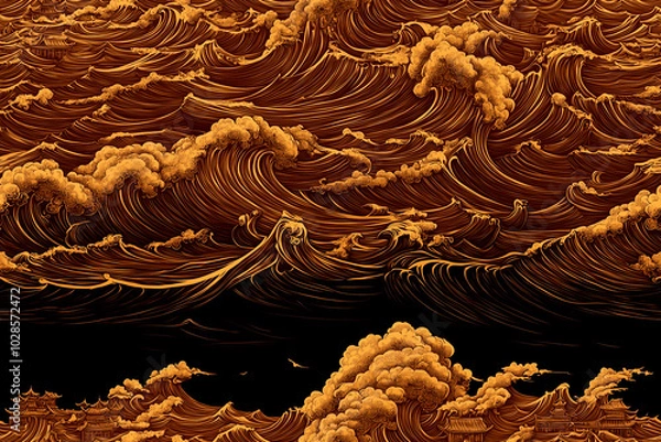 Fototapeta The image is of a stormy ocean with waves crashing against the shore. The sky is dark and ominous, with clouds looming overhead. Scene is one of danger and foreboding