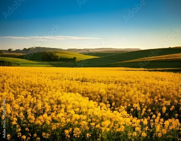 Fototapeta Endless field of bright yellow flowers under clear blue sky with rolling hills in the background
