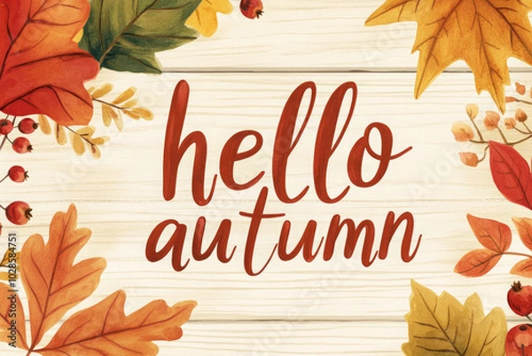 Fototapeta A colorful autumn scene with leaves and berries Watercolor autumn wreath with leaves and berries on a white wood background, text "hello autumn" in a cursive font