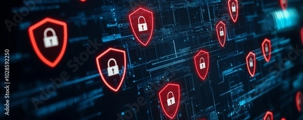 Fototapeta Digital illustration of cybersecurity with various shield icons, representing protection and data security in modern technology.