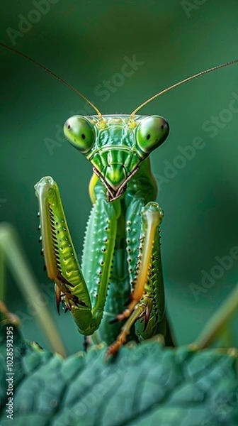 Fototapeta Close-up of praying mantis on green leaf