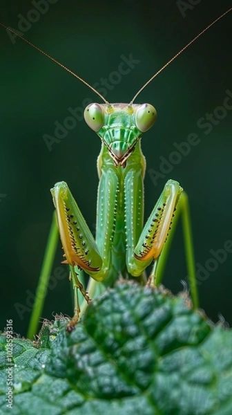 Fototapeta A striking macro shot of a green praying mantis perched on a leaf, showcasing its detailed body and alert expression.