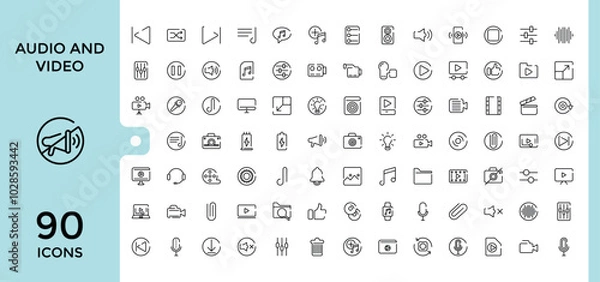 Fototapeta Audio and Video Icons set. Flat icon collection. Thin line icons pack. Simple outline icons. Editable and pixel perfect.