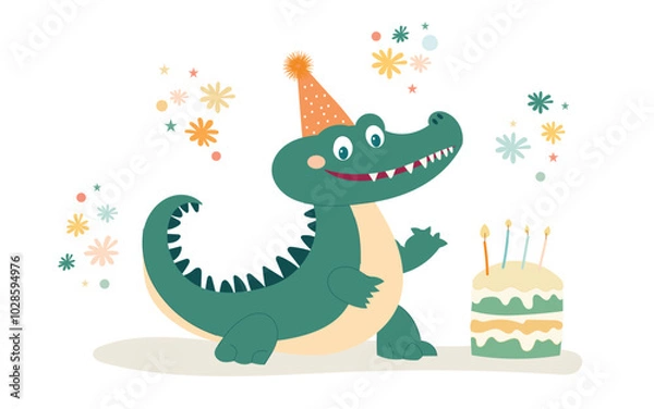 Fototapeta  A cheerful crocodile wearing a party hat celebrates a birthday with a cake, surrounded by colorful decorations, perfect for children's events.