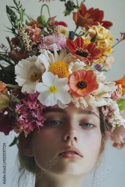 Fototapeta A serene portrait of a young woman adorned with a vibrant floral crown, capturing beauty and nature in perfect harmony.