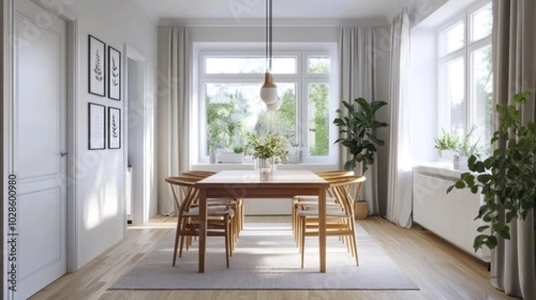 Fototapeta Modern Dining Room with Wooden Table and Chairs