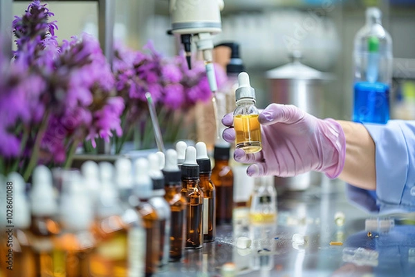 Fototapeta Famous aromatherapy perfume brand developing presenting new aromat, beauty lab Generative AI