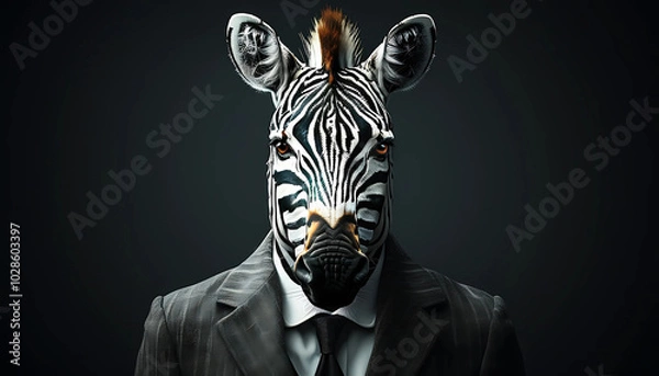 Fototapeta A surreal illustration of a zebra wearing a business suit, blending wildlife with corporate motifs, set against a dark background. Symbolizes creativity, uniqueness, and imagination in professional