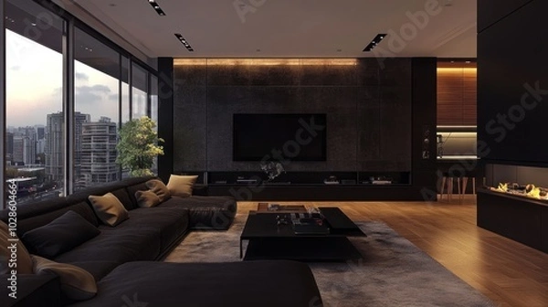 Fototapeta Modern Living Room with a View and a Fireplace