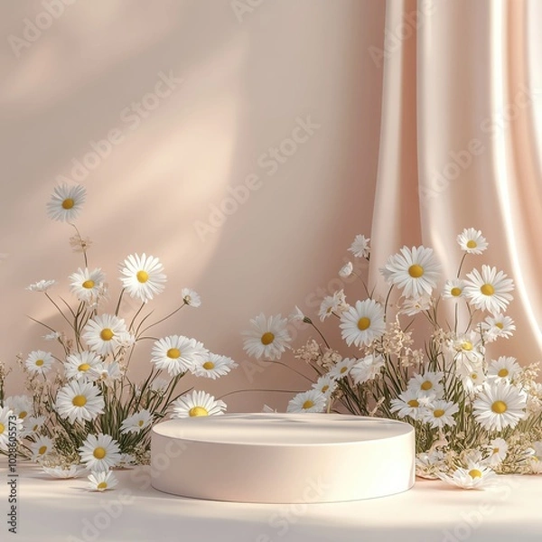 Obraz Simple 3D render mockup in a minimalistic design with a podium set in the lower left corner surrounded by subtle daisies on a seamless pastel background and a blank top right area