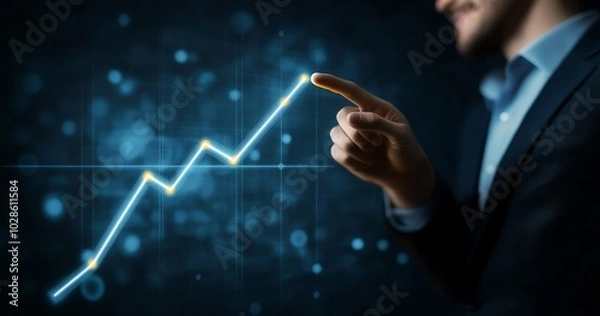 Fototapeta Businessman interacting with a glowing upward graph, illustrating a concept of business growth and strategic market development.