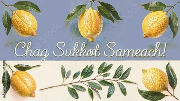 Fototapeta Festive card with fresh lemons for Sukkot illustration vector, created with Generative AI 