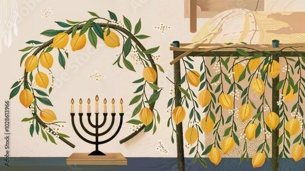 Fototapeta Festive card with fresh lemons for Sukkot illustration vector, created with Generative AI 