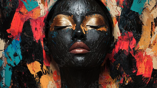 Fototapeta Striking Model Face Adorned with Golden Liquid and Deep Black Oil Paint with Colorful Geometric Framing.