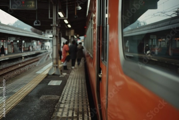 Fototapeta An orange train at a bustling station, capturing the anticipation of travel and daily life amidst blurred figures and architectural lines.