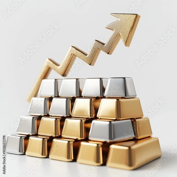 Fototapeta A visually striking image of gold and silver bars symbolizing wealth and investment growth with an upward trend arrow.