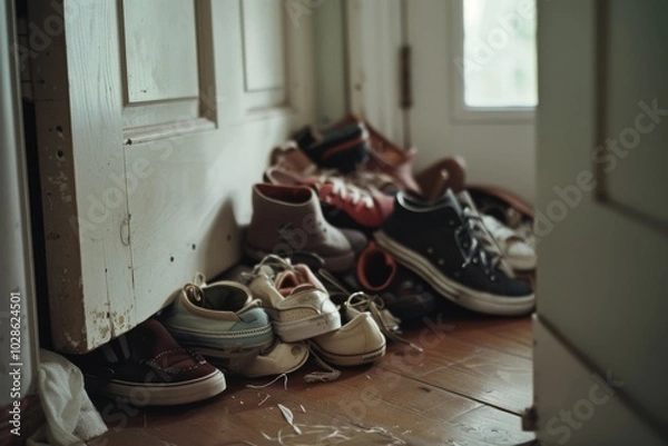 Obraz A cluster of various sneakers haphazardly piles against a bright doorway, adding life and color to the scene.