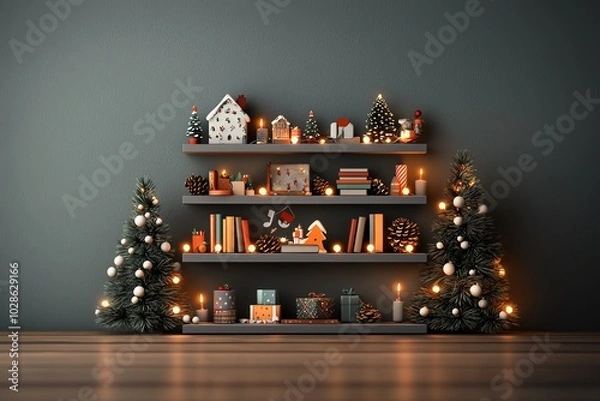 Fototapeta Festive shelf display with Christmas decorations and sparkling lights.