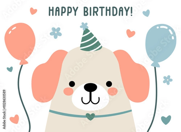 Fototapeta Smiling Dog with Party Hat. Doodle Vector Illustration in Pastel Color Palette