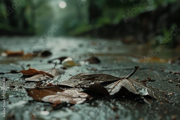 Fototapeta Dew-kissed leaves rest on a rain-soaked path, capturing a serene moment in nature's cycle.