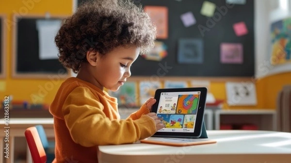 Fototapeta A Young Child Uses a Tablet Computer to Learn in a Classroom Setting.