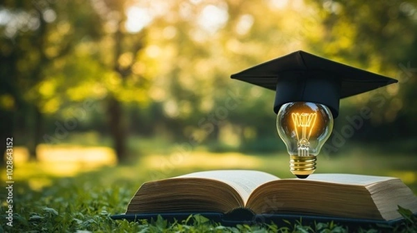 Fototapeta Graduation Cap on a Lightbulb Atop a Book