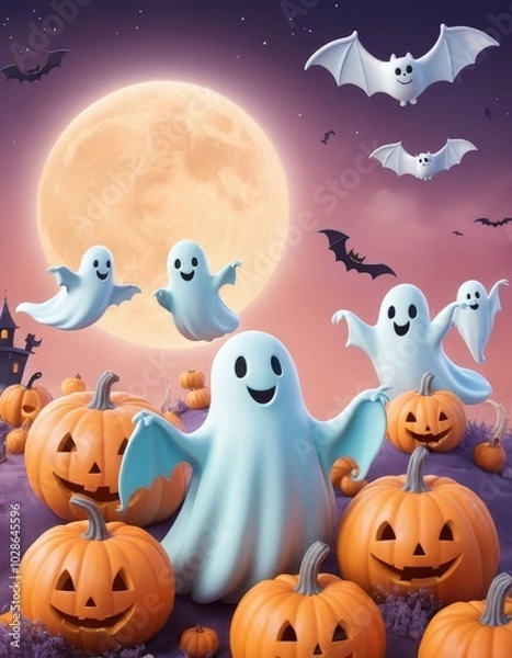 Fototapeta A friendly Halloween background with pastel hues, featuring adorable ghosts, pumpkins, and whimsical bats in a fun, playful design. Ideal for family-friendly or children's Halloween themes