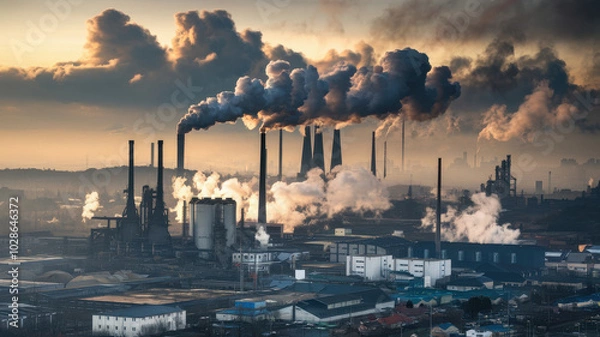 Fototapeta Industrial district with smoke rising from factories, creating dramatic atmosphere