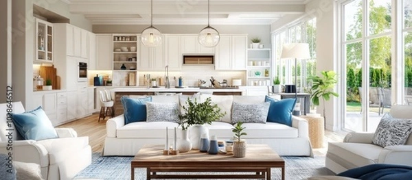 Obraz A sunlit, modern open-concept living area with white decor, blue accents, and wooden elements.