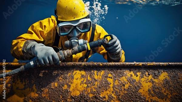 Fototapeta Underwater technician working on rusty ship hull, removing corrosion