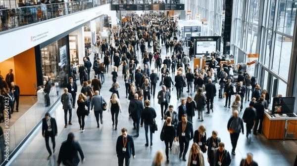 Obraz Large crowd of people walking through a busy trade fair or exhibition hall with booths and signage, under natural daylight from large windows.