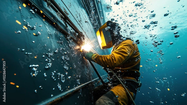 Fototapeta Underwater technician welding hull of large ship, creating sparks and bubbles