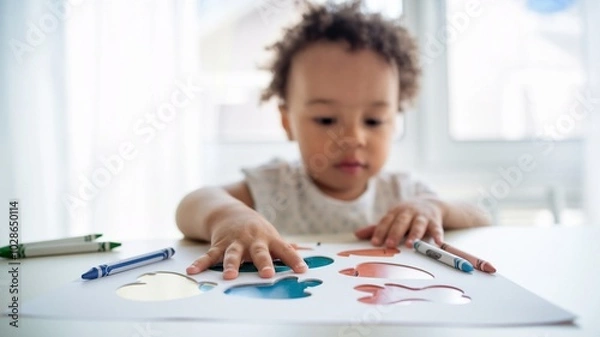Fototapeta Child creating shapes with a stencil and crayons on paper