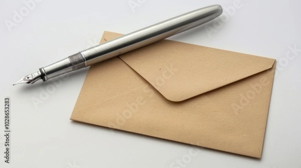 Obraz A silver fountain pen resting on a brown envelope