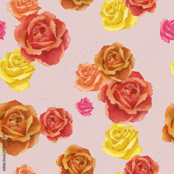 Fototapeta Pattern with red, yellow and orange roses. Endless texture on rose background. Print for women textile, wrapping paper, background, banner, greeting card, home textile.