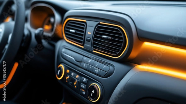 Fototapeta Close-up view of a car interior dashboard featuring illuminated air vents and modern climate control system with orange ambient lighting.