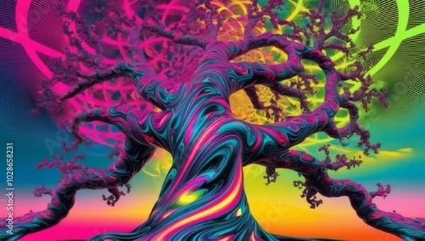 Fototapeta colorful neon glowing tree, night neon color glowing tree, beautiful tree illustration 