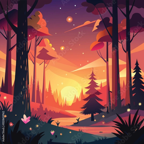 Fototapeta sunset in the forest vector illustration landscape, sceneries, scene, background 
