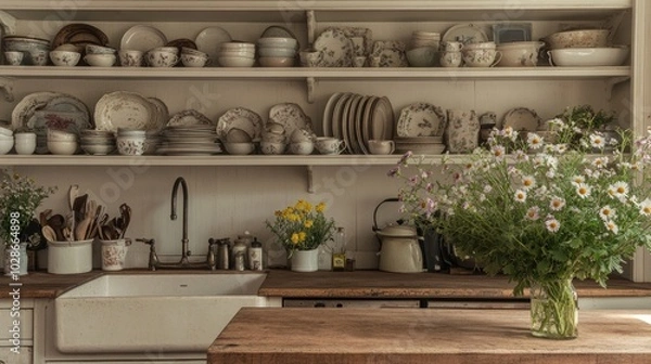 Fototapeta A vintage kitchen featuring open shelving displaying mismatched dishes