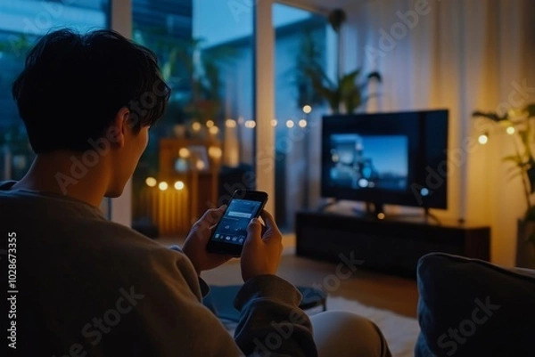 Obraz Man Watching TV Streaming From Smartphone, Generative AI