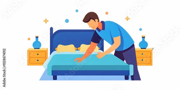 Fototapeta Candid Image of Person Making a Bed in a Tidy Bedroom - Ideal for Home Furnishings, Bedding Ads, and Minimalist Living Solutions | Photo Stock Concept