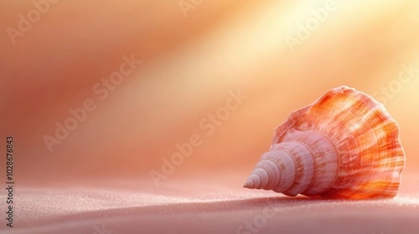 Fototapeta A beautifully detailed orange seashell rests on soft sand, lit by gentle sunlight, creating a peaceful and serene beach atmosphere, perfect for relaxation.