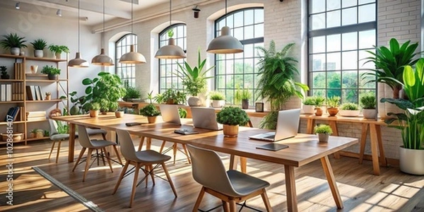 Fototapeta Collaborative Workspace for Content Creators in Minimalist Style: A Serene Environment to Inspire Creativity and Productivity
