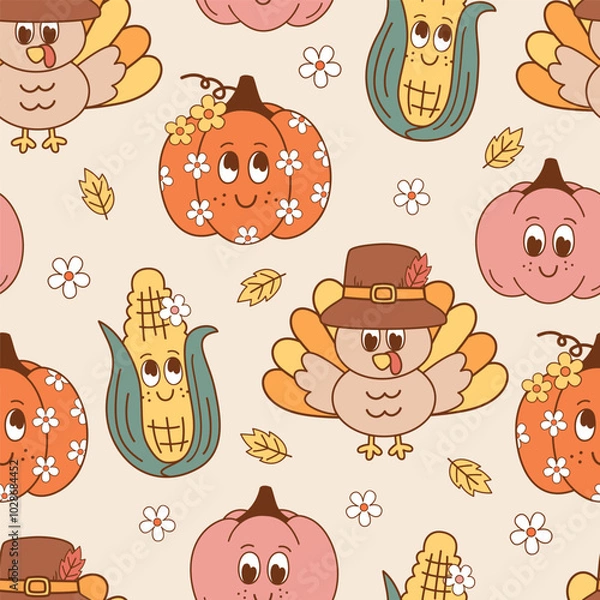 Fototapeta seamless pattern with cute  pumpkins, turkey, corn