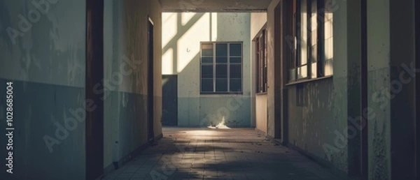 Fototapeta Sunlight filters into an abandoned hallway, casting shadows, evoking mystery and the passage of time.