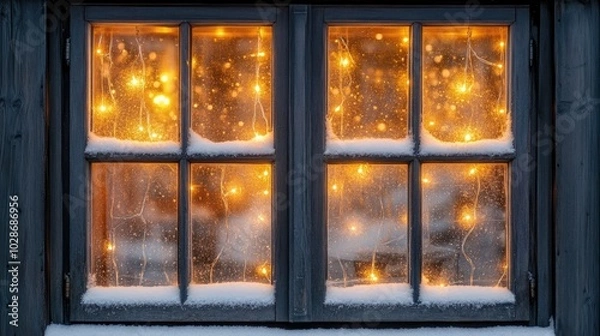 Fototapeta Cozy Window with Frosted Glass and Twinkling Lights