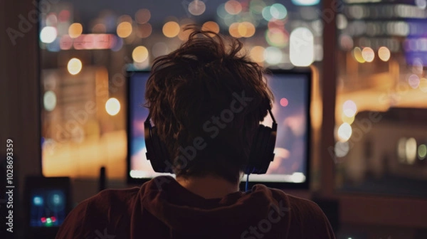 Fototapeta Practicing speedruns in a dimly lit urban room while focused on the screen during a late-night gaming session