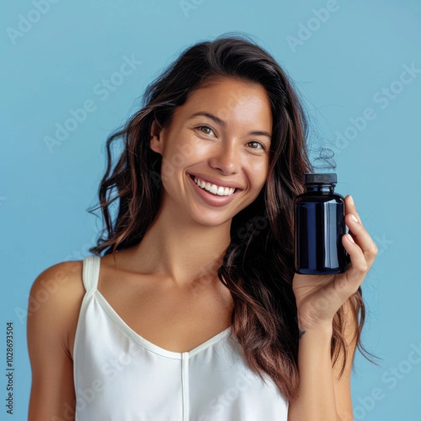 Fototapeta A woman holding up an empty dark blue supplement bottle, closeup of the product in her hand, wearing light colored , looking at the camera with a happy expression, solid color background